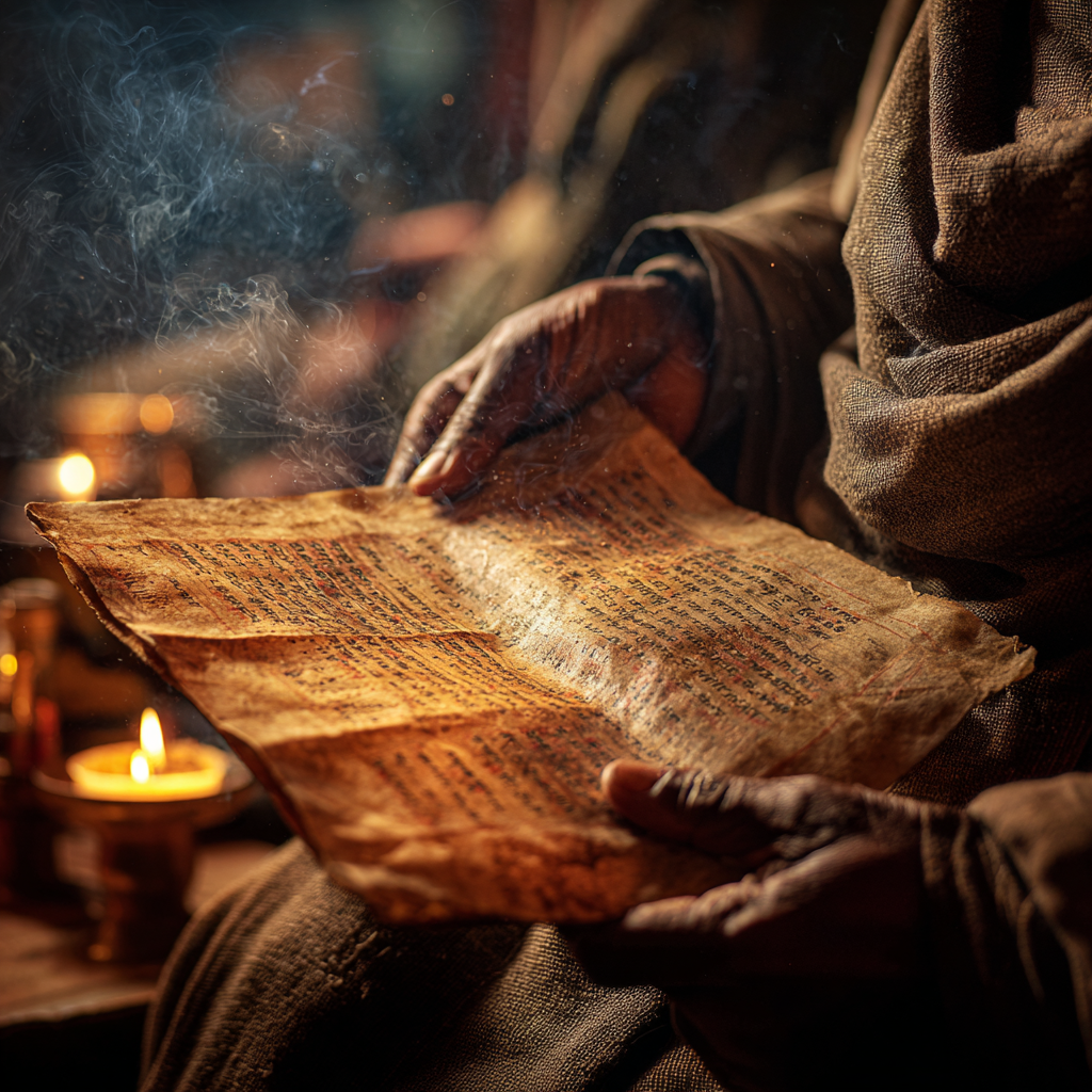 Hands of an Ethiopian monk holding an ancient illuminated manuscript.