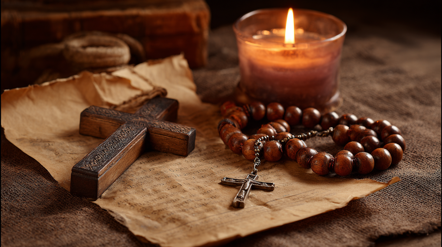 A still-life of Ethiopian Monastic Culture including a wooden cross and parchment. 