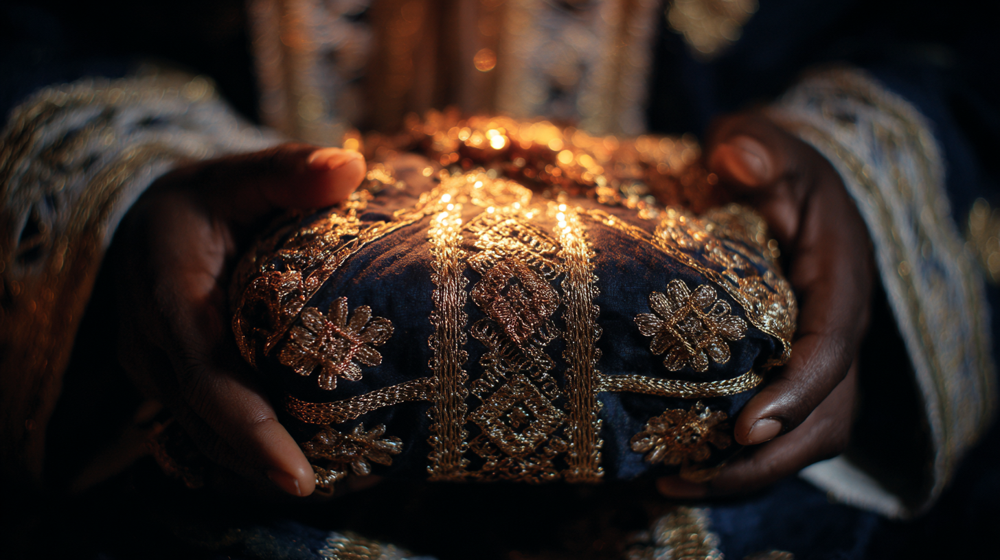Hands holding a wrapped tabot during a traditional Ethiopian ceremony.