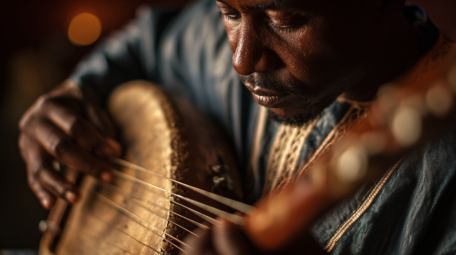 Close-up of an artist playing Ethiopian music using a traditional string instrument.