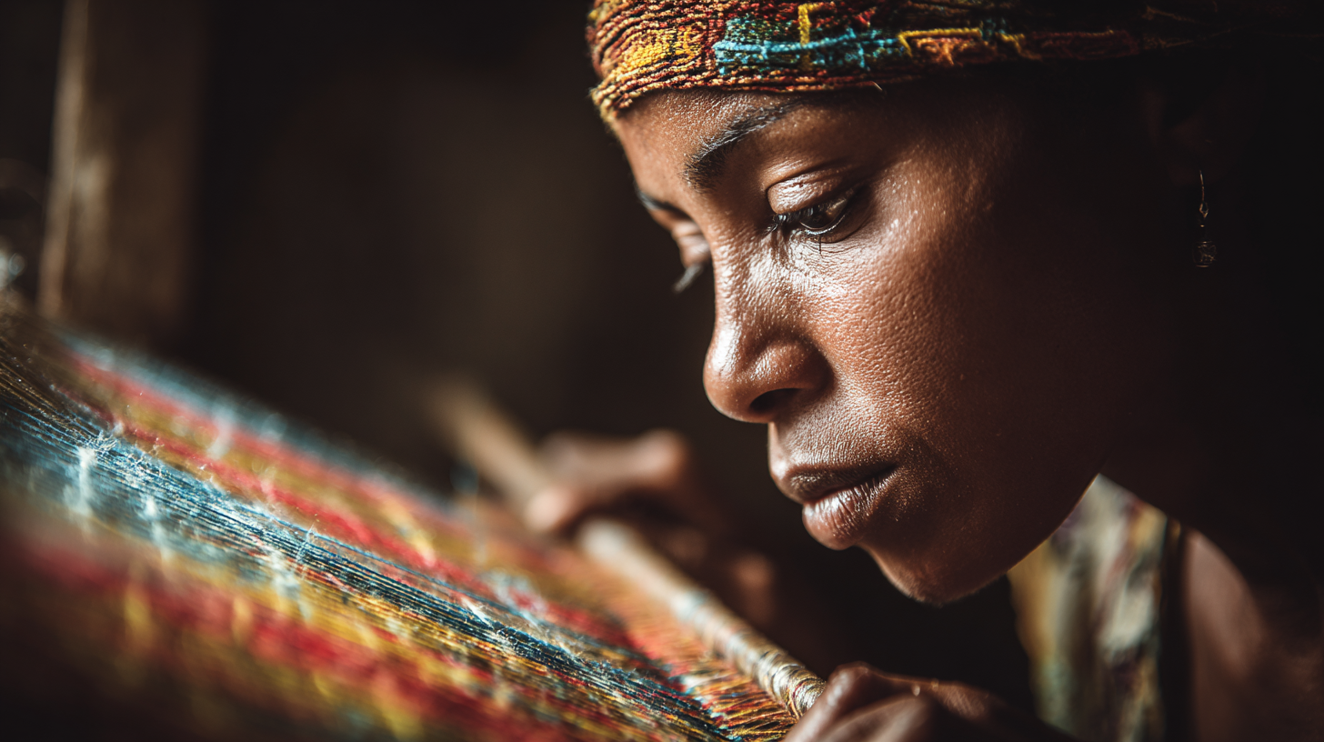 Close-up of an Ethiopian artisan weaving cotton on a traditional loom.