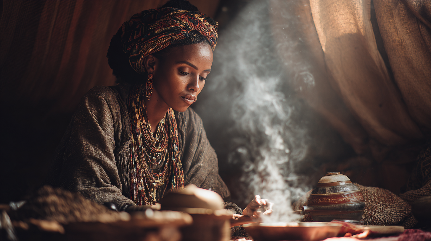 Ethiopian woman preparing a traditional coffee ceremony.