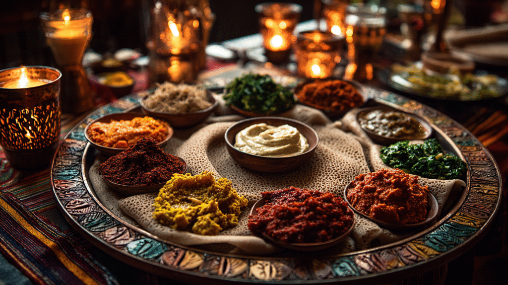 A shared Ethiopian injera platter with colorful wats, lentils, vegetables, and spices.