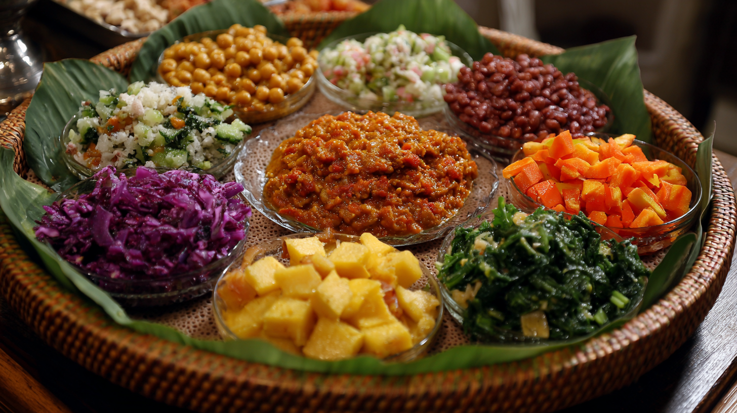 A colorful Ethiopian fasting platter with lentils, greens, shiro, and vegetables.