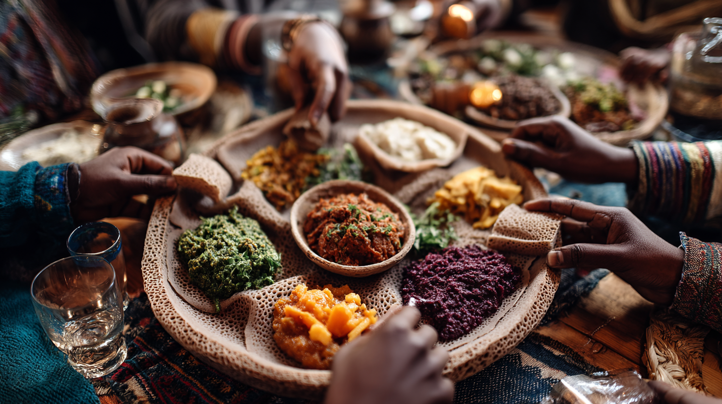 People sharing from one injera platter and giving a traditional gursha bite.