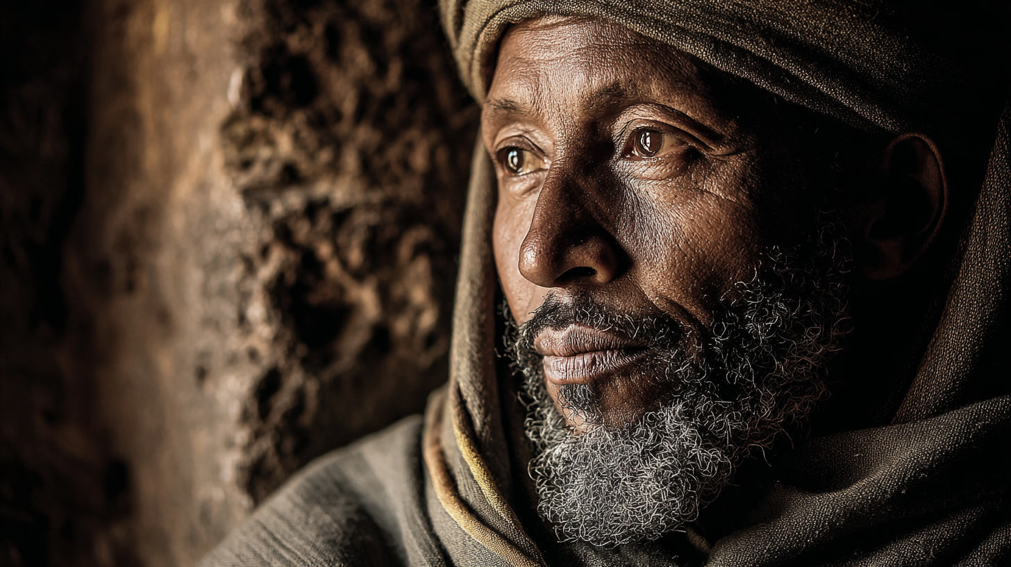 Close-up portrait of an Ethiopian monk in contemplative prayer.