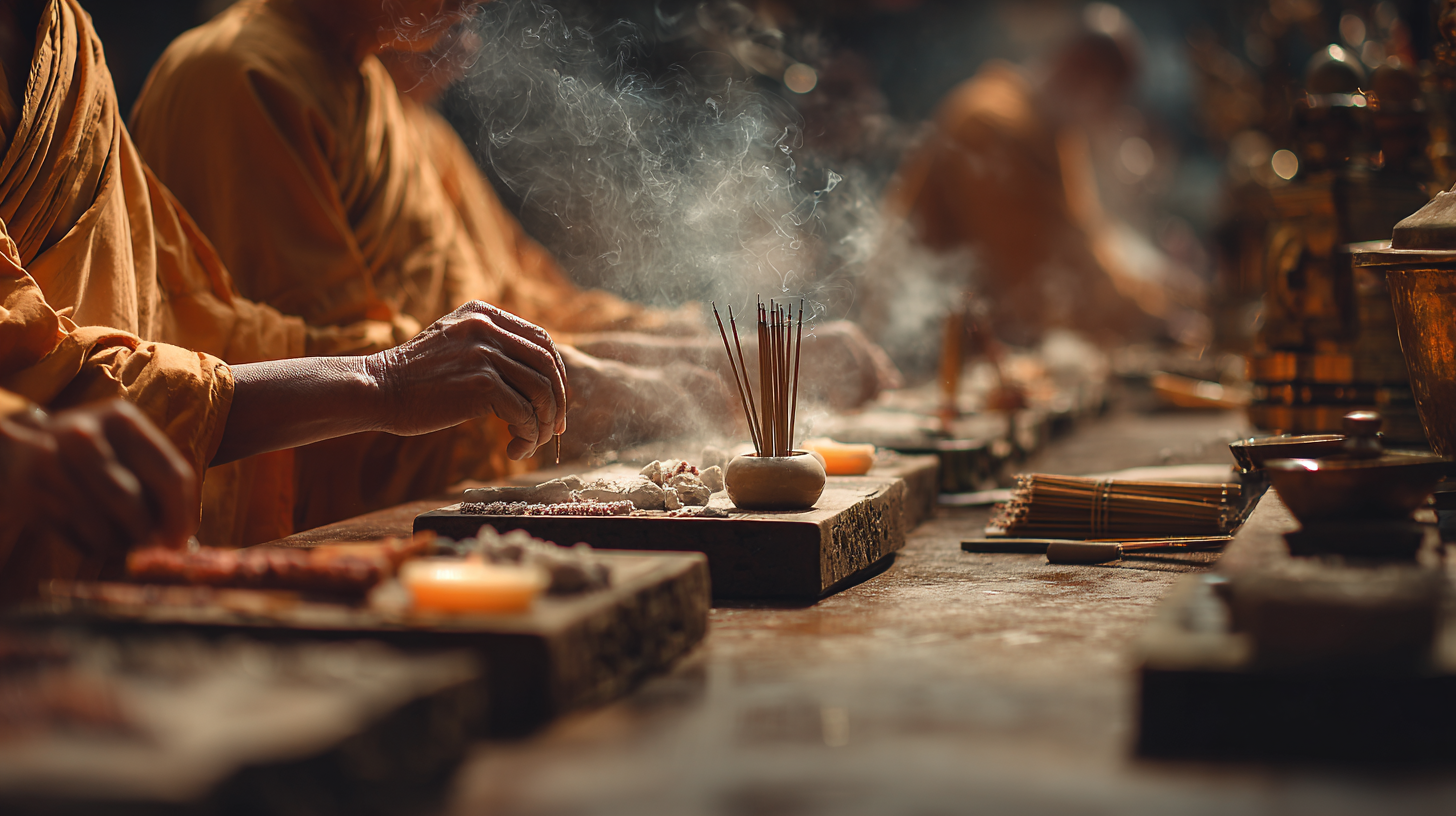 Hands of monks preparing incense and candles for prayer.