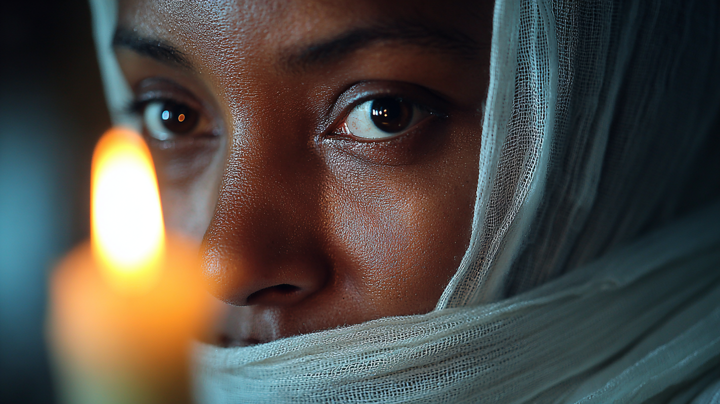Close-up of an Ethiopian nun lighting a candle during prayer.