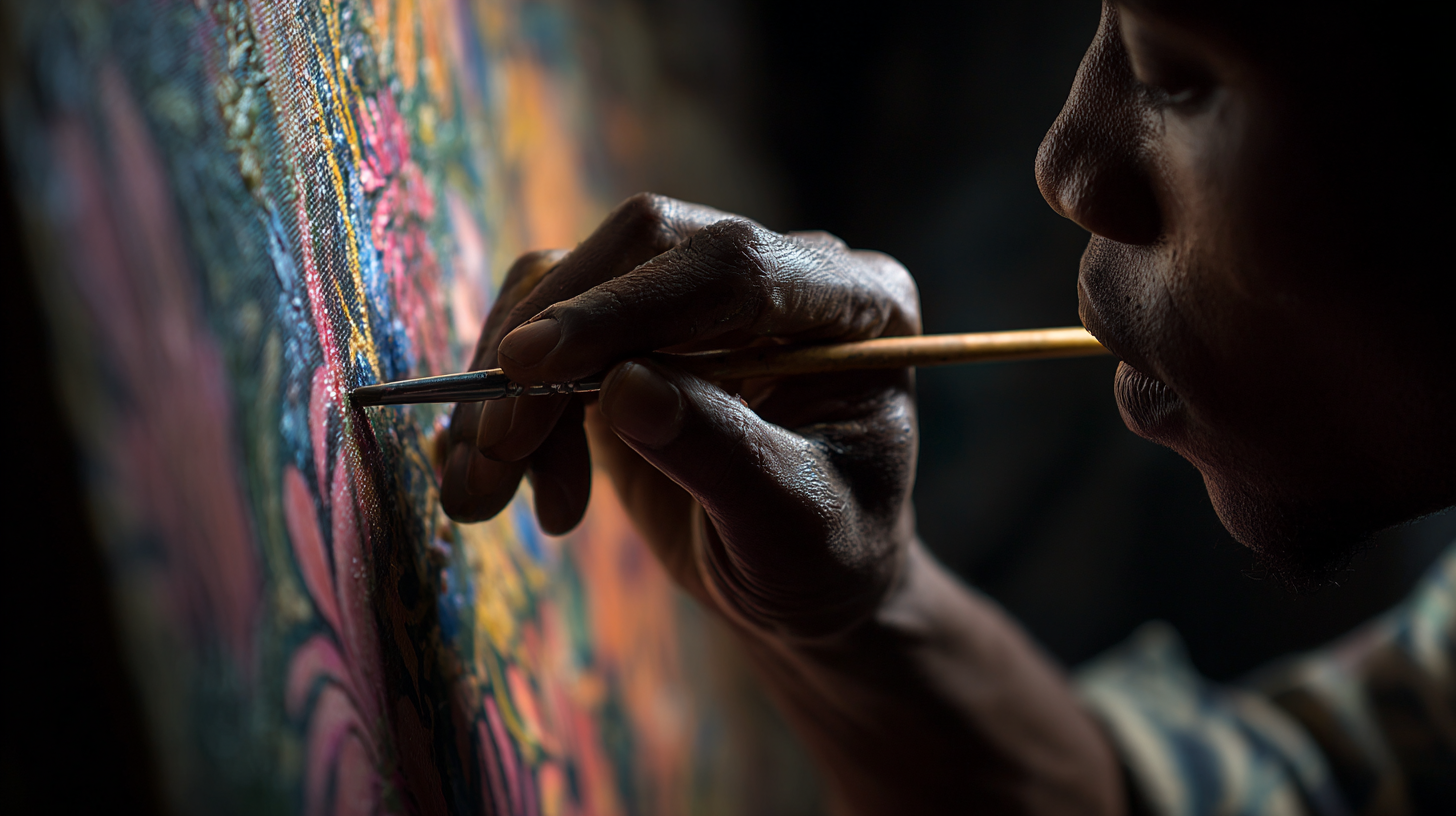 Close-up of a painter working on a canvas representing Ethiopian visual art traditions