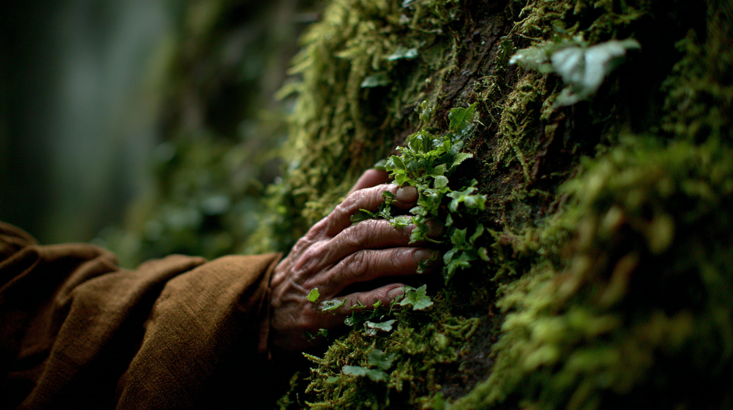 Mossy forest detail with a monk’s hand touching sacred plants.