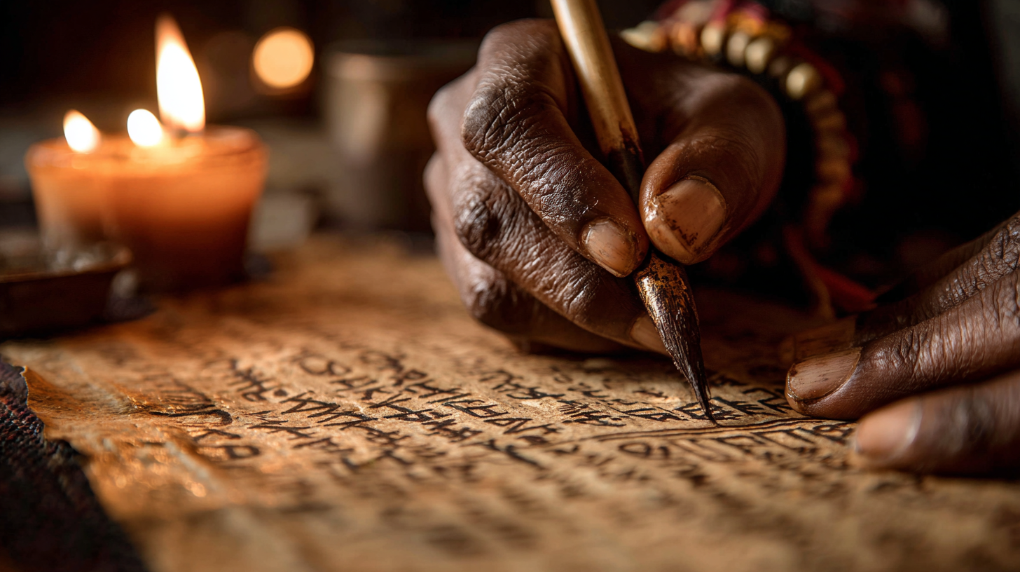 Hand of a scribe writing Ge’ez script on parchment with a traditional pen.