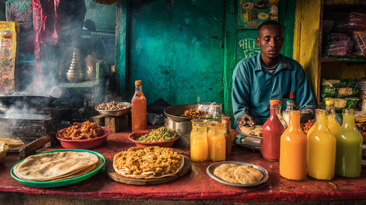 Ethiopian street food stall with sambusas, firfir, and fresh juices.