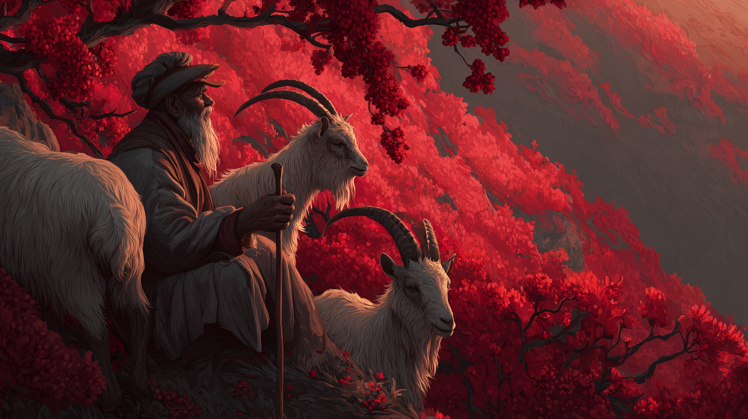 Kaldi the goat herder observing his goats eating coffee cherries in Ethiopia.