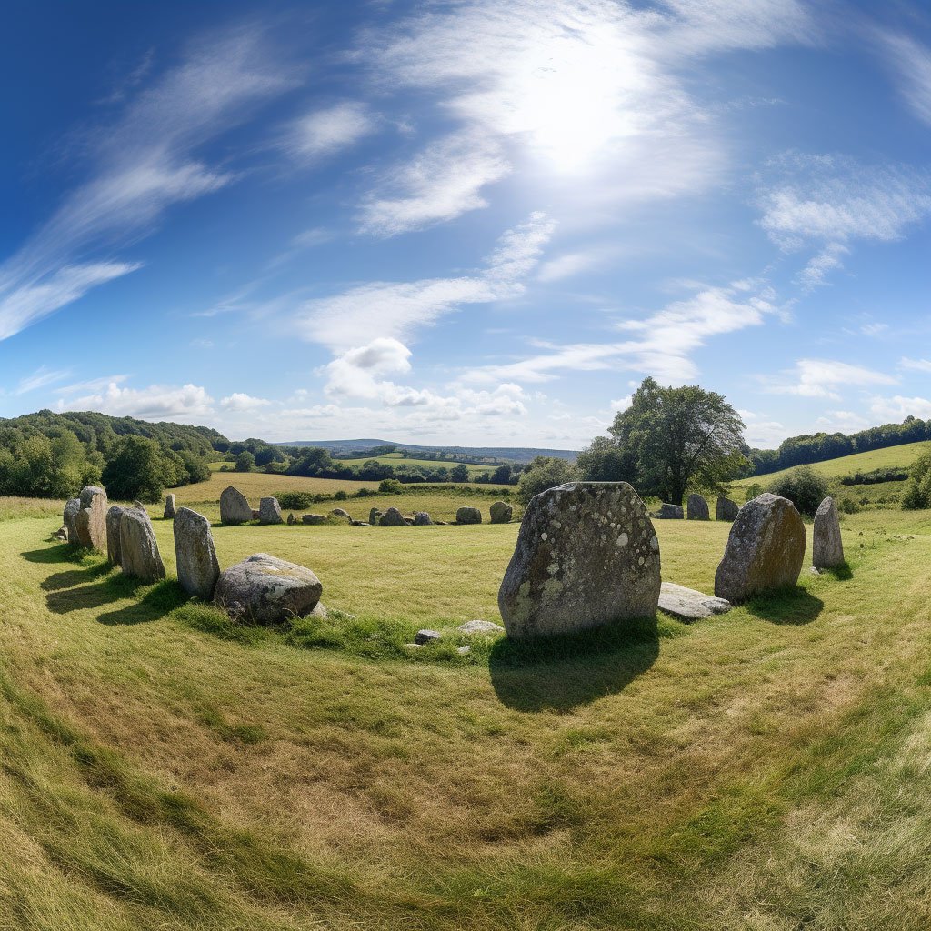 A panoramic view of the Tiya stones site, capturing the standing stones in their entirety.