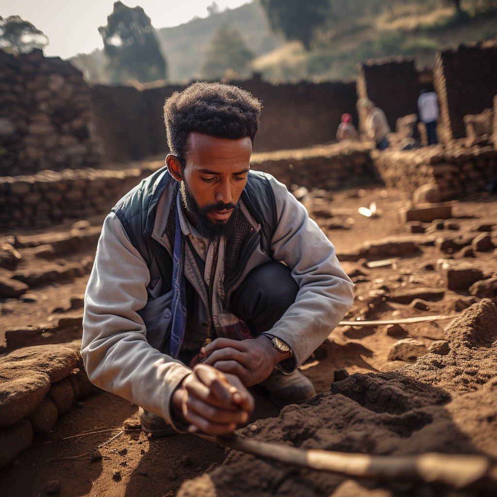 A photograph of an archaeologist at work in one of Ethiopia's archaeological sites.