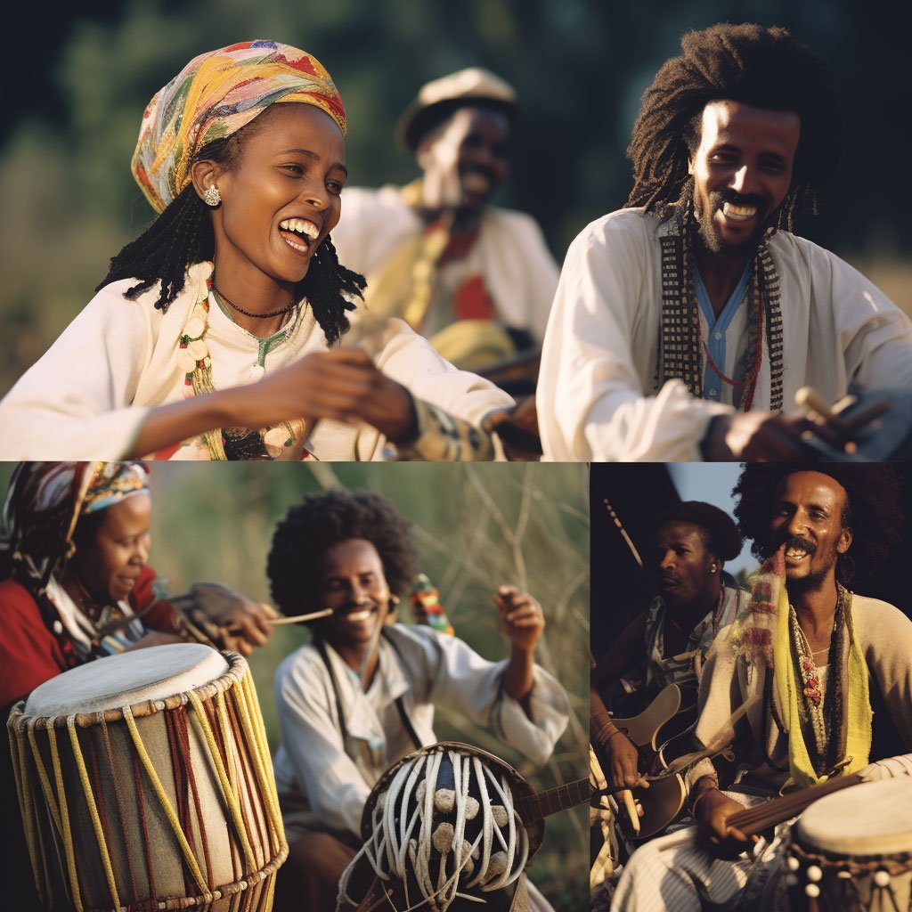 Images of traditional Ethiopian music performances with instruments like the 'krar,' 'masinko,' and 'kebero.'