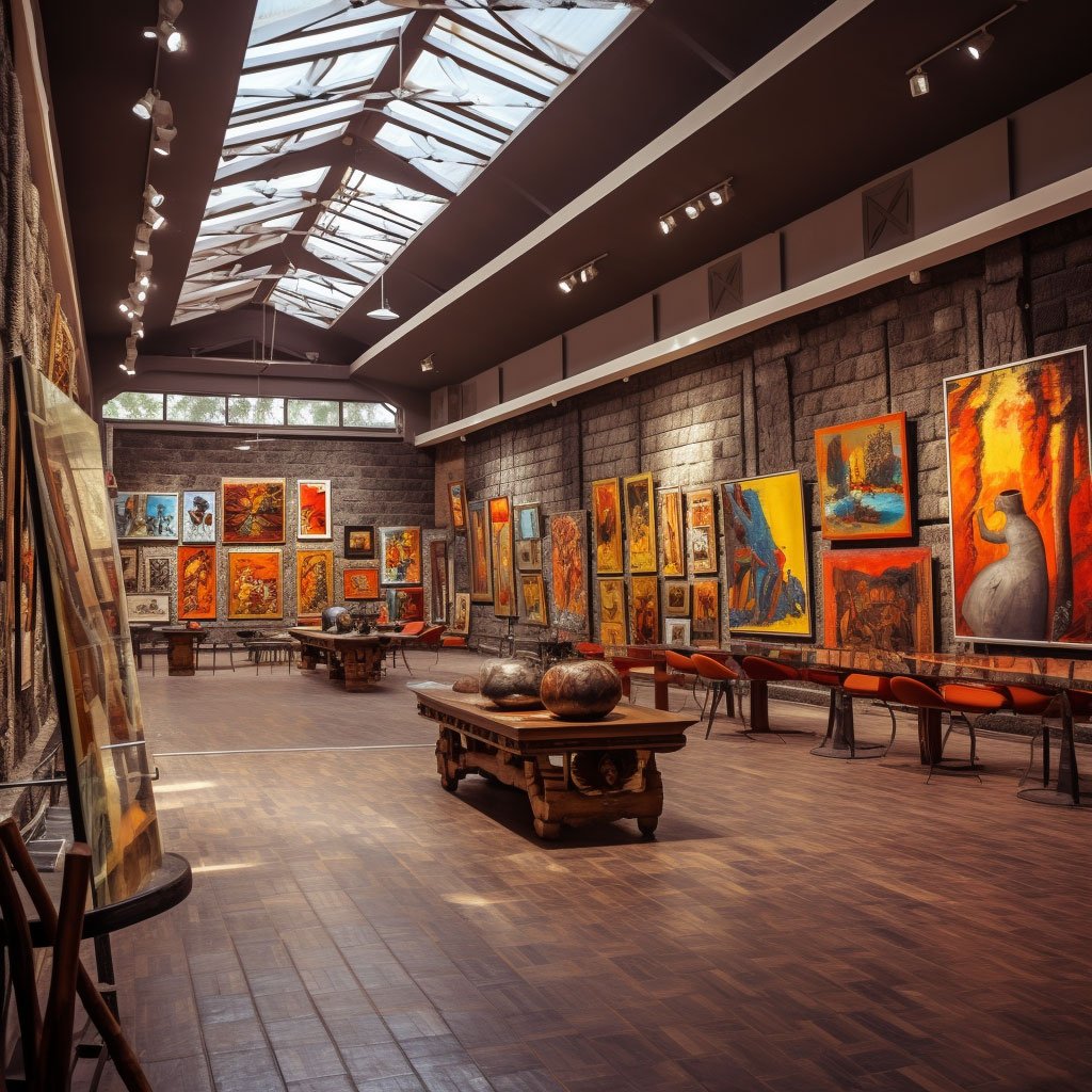 Interior shots of prominent art galleries in Addis Ababa, displaying a mix of traditional and modern art.