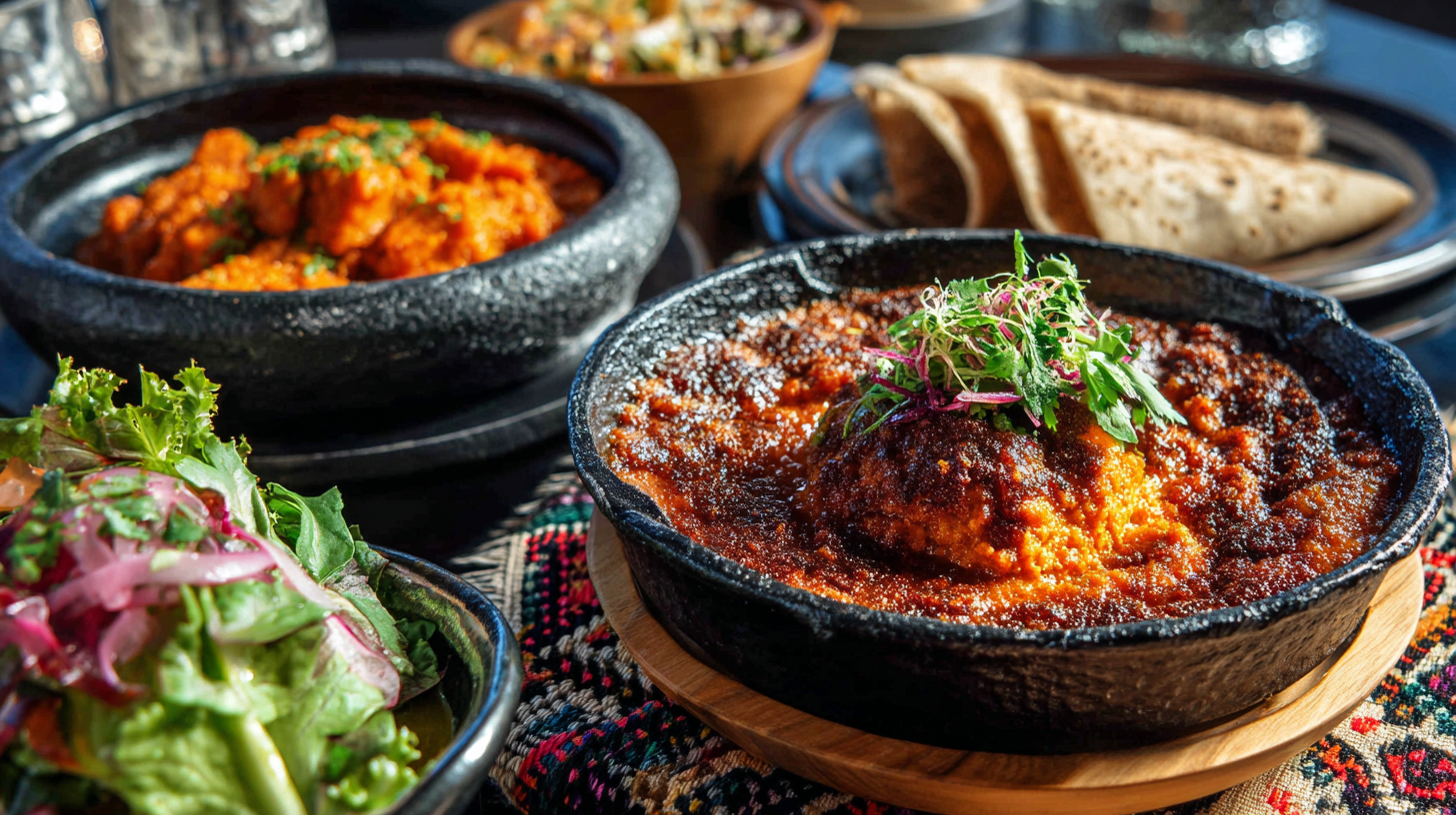 Ethiopian kitfo and sizzling tibs served with traditional accompaniments.