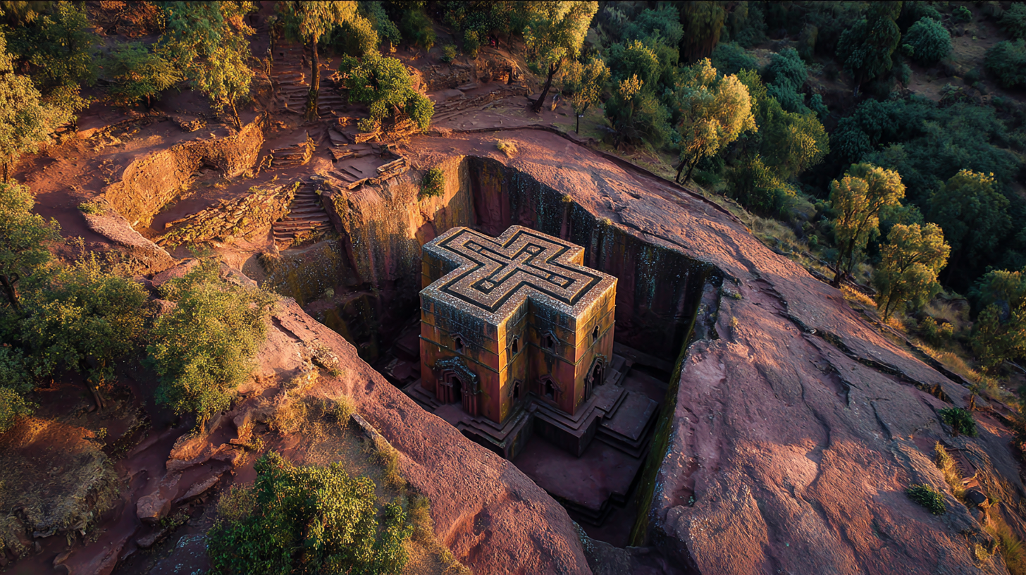 Rock-hewn churches of Lalibela carved into volcanic stone.