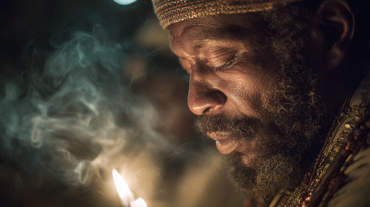 Close-up of an Ethiopian priest chanting sacred hymns.