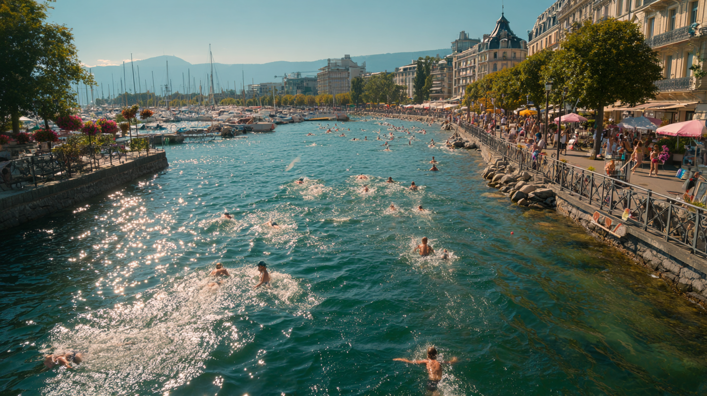 Recreational life on Lake Geneva with boats, swimmers, and lakeside promenades.