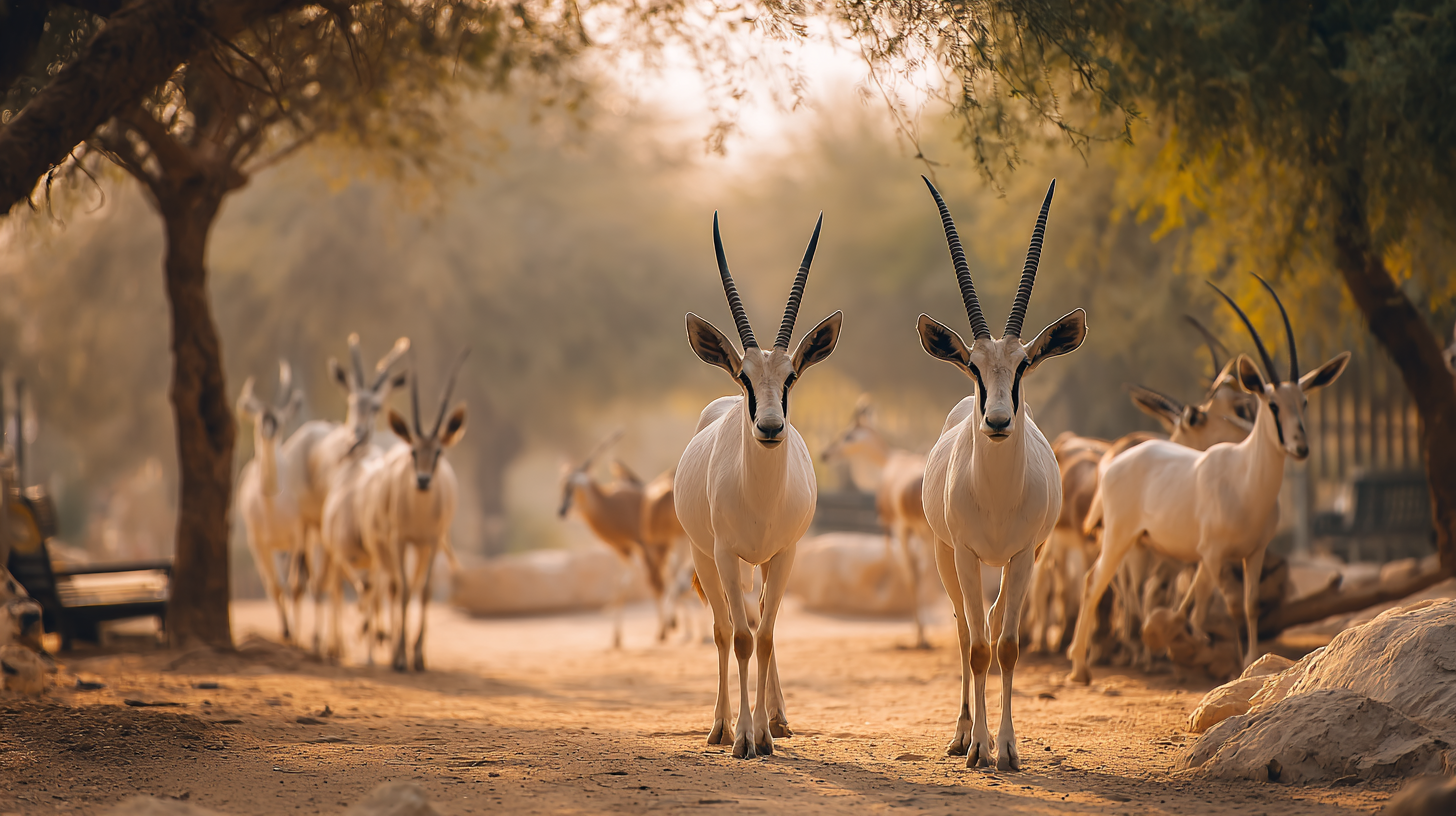 Arabian oryx and gazelles in a natural habitat at Al Areen Wildlife Park in Bahrain.