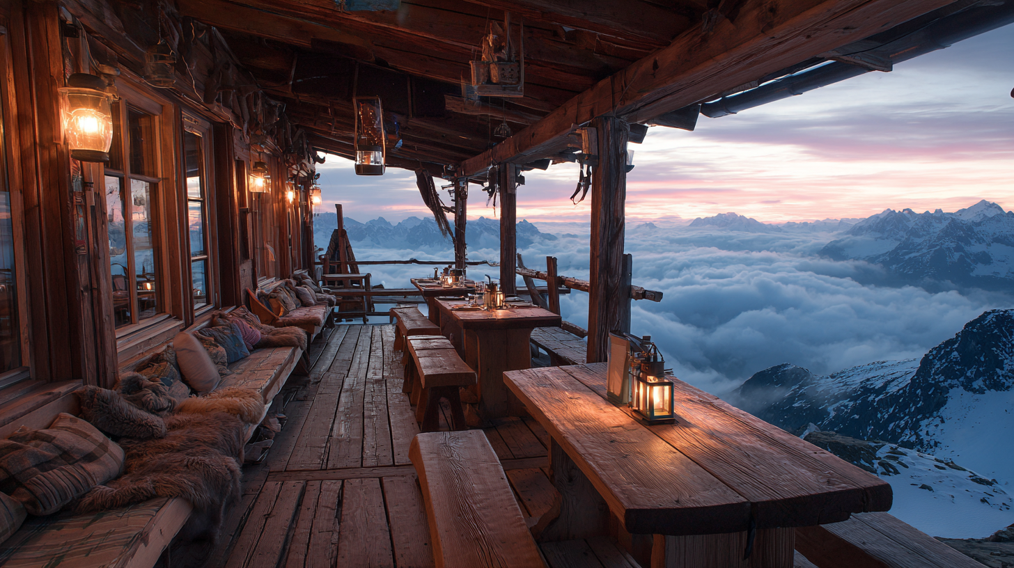 A cozy alpine hut glowing at dusk in the Swiss mountains.