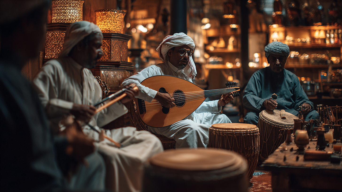 Bahraini musicians and artistic displays representing the island’s creative culture.