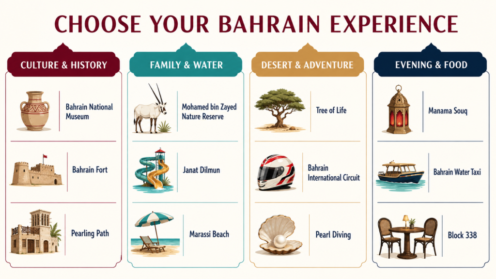 Bahrain attractions grouped by culture, family, adventure and evening activities.
