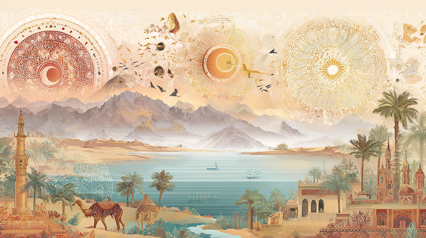 Panoramic scene symbolizing the richness and diversity of Bahrain’s cultural heritage.