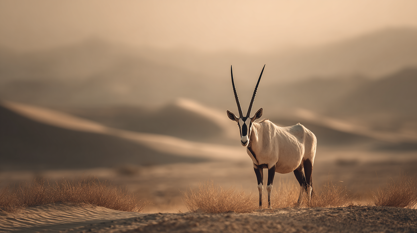 Arabian oryx standing on golden desert dunes in Bahrain.