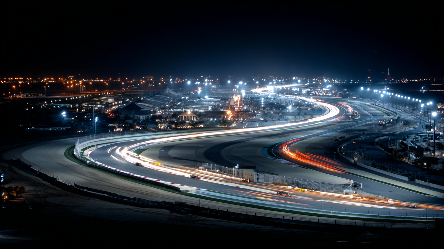 Bahrain International Circuit at night with illuminated track and racing cars.