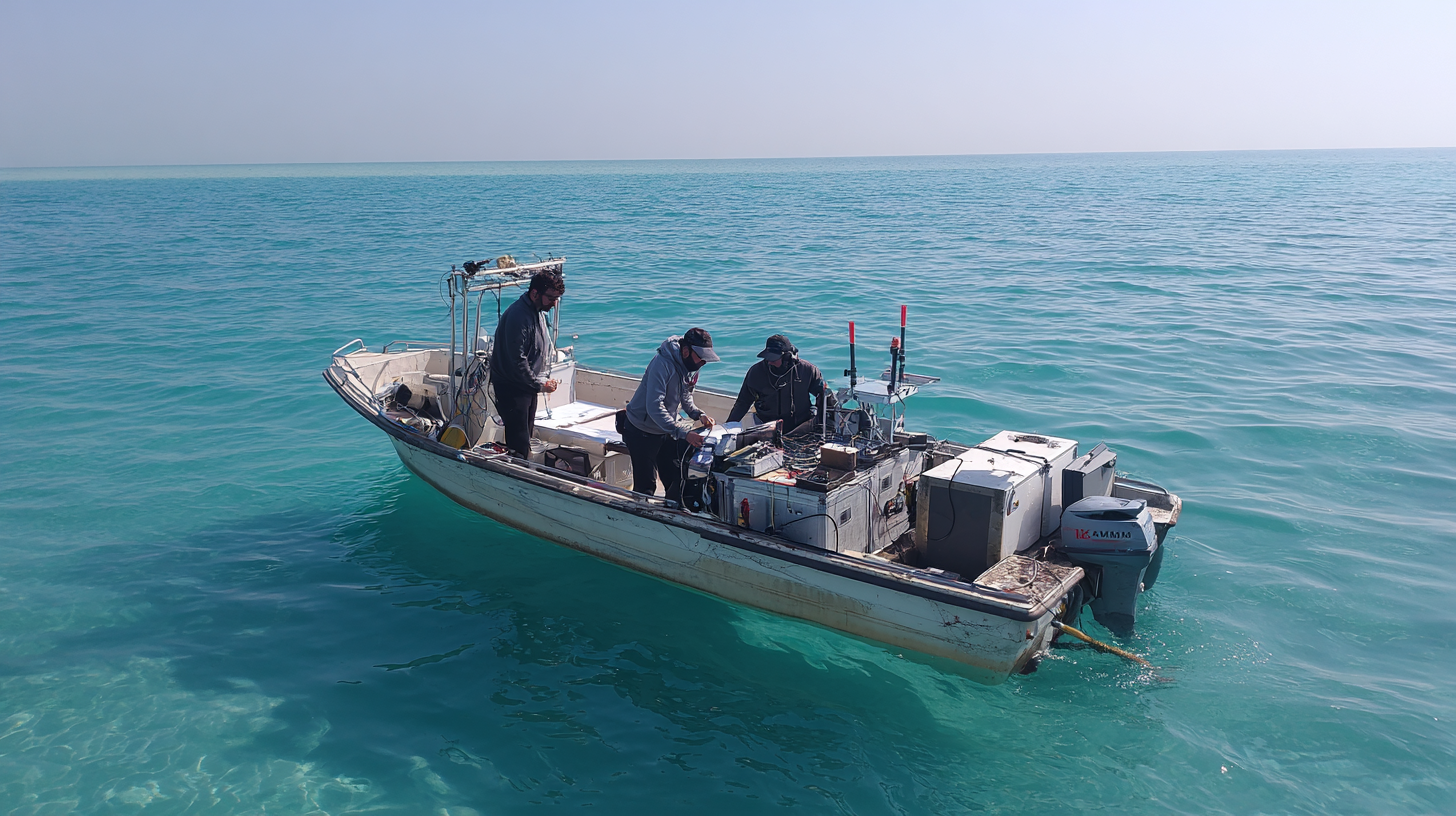 Marine researchers studying Bahrain’s coastal environment from a boat.