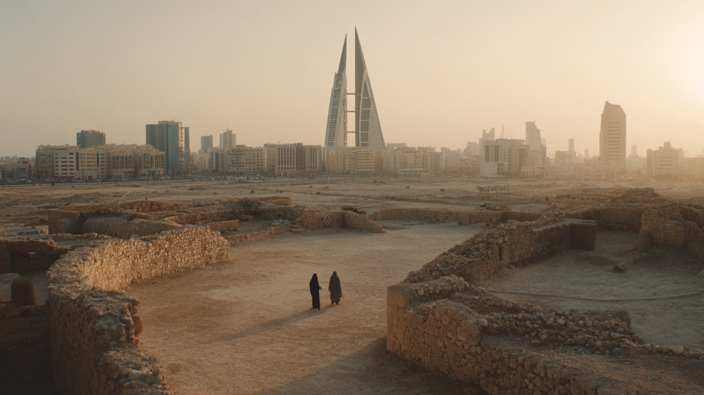 Wide landscape showing Bahrain’s modern skyline behind ancient desert ruins.