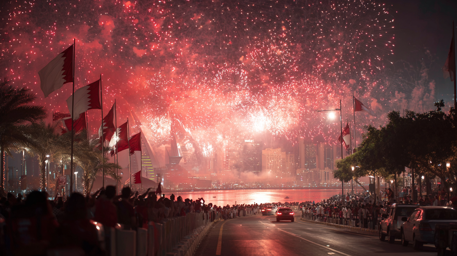 Fireworks and national decorations during Bahrain National Day celebrations.