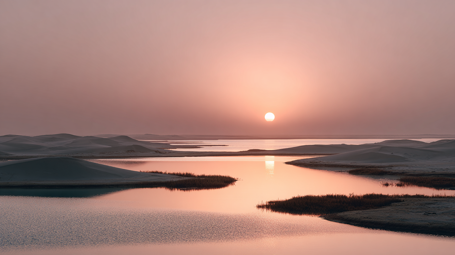 Sunset over Bahrain’s desert and gulf waters with warm glowing colors.