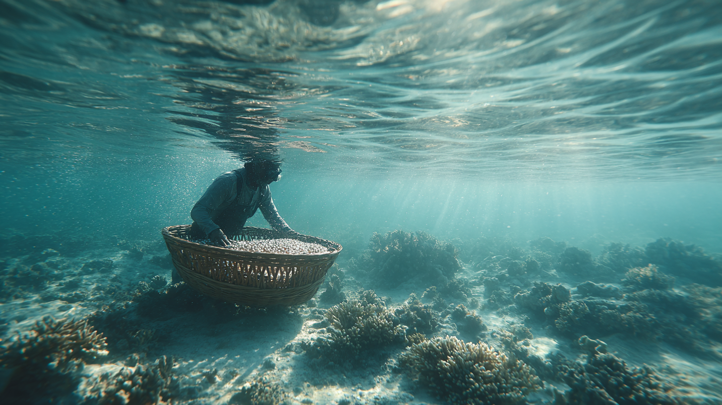 A pearl diver exploring Bahrain’s shallow clear waters among coral and marine life.
