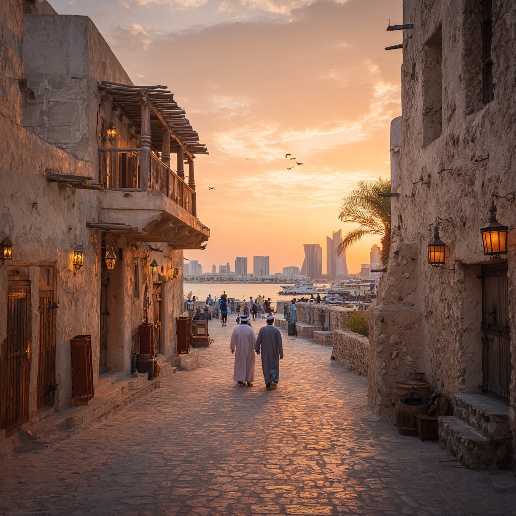 Scene blending traditional Bahraini culture with the modern Manama skyline.