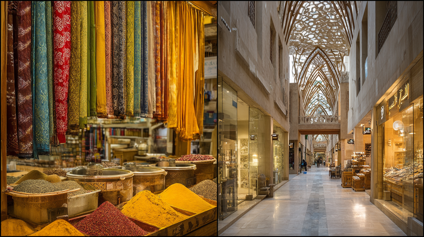 A vibrant Bahraini souk contrasted with a modern shopping mall interior.