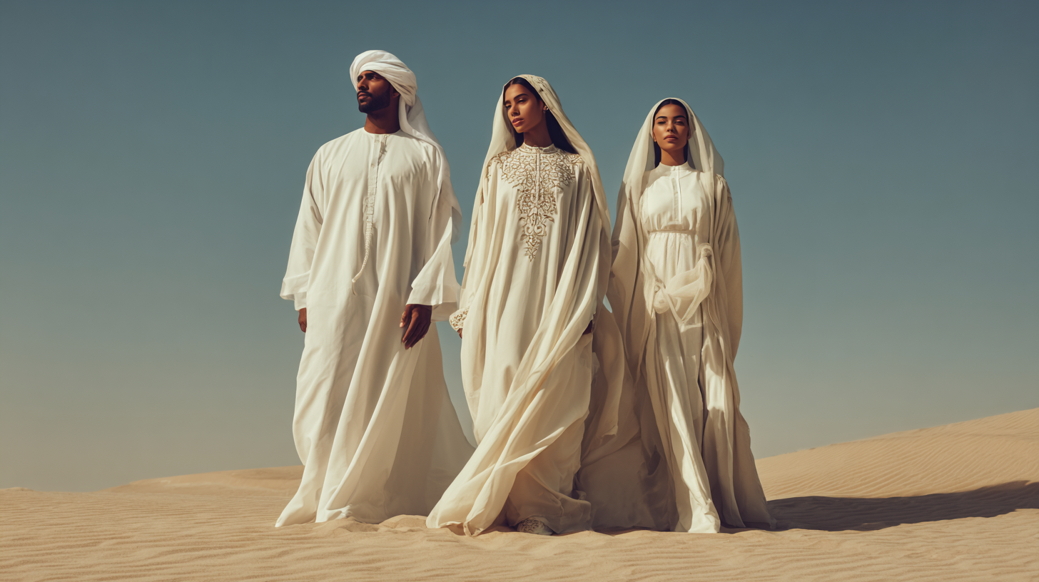 Traditional Bahraini clothing including the thobe and abaya shown in an elegant setting.