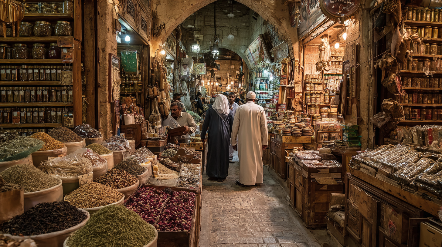 A traditional Bahraini souk with spices, textiles, and gold shops in narrow alleys.