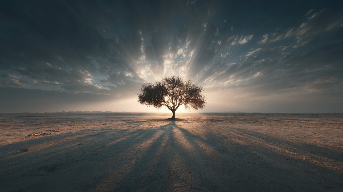 The Tree of Life standing alone in the Bahraini desert at sunset.