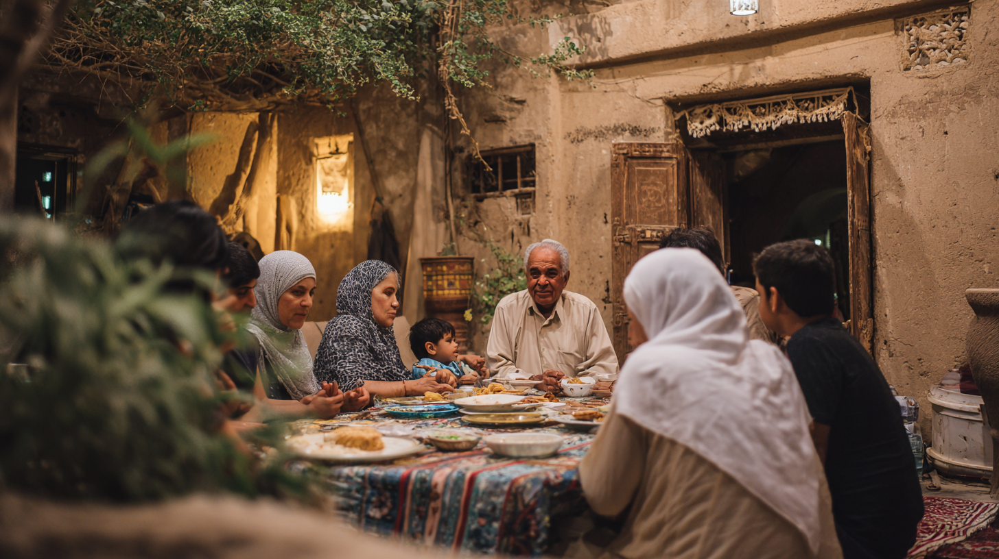 A multigenerational Bahraini family sharing time together in a traditional setting.