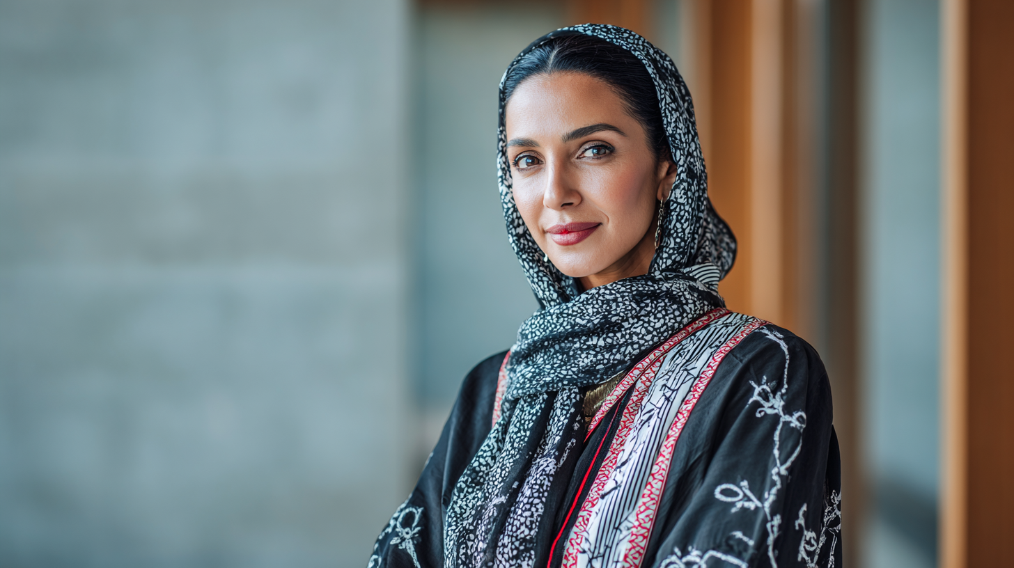 A modern Bahraini woman in a professional or academic environment.
