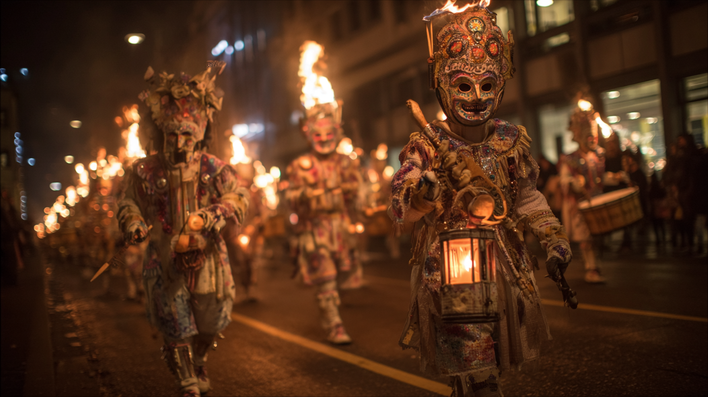 Basel Fasnacht lantern parade at night with illuminated masks and musicians.