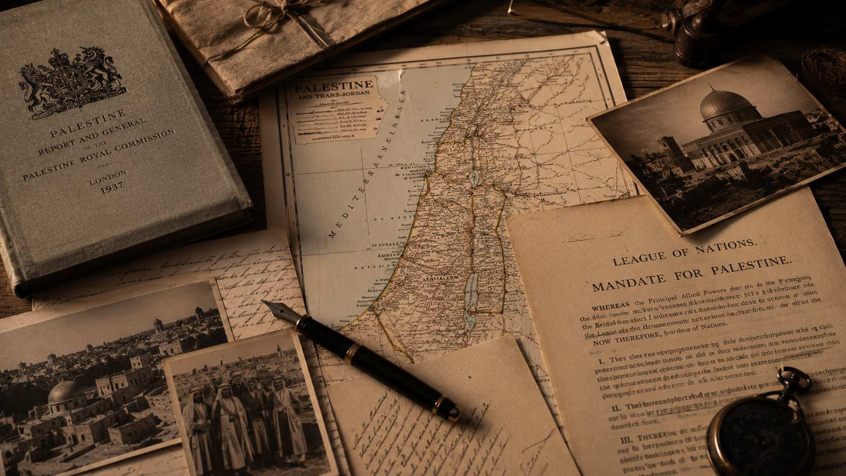 British Mandate-era documents and an old map of Palestine on a desk