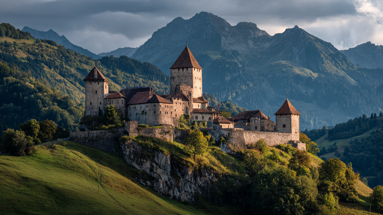 Château de Gruyères fortress overlooking the Alps and surrounding valleys.