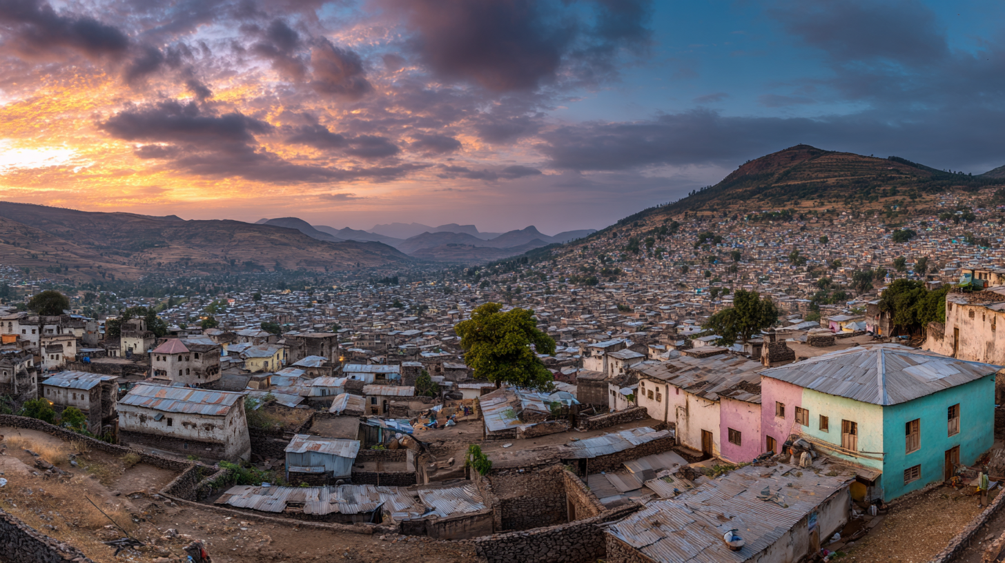 Panoramic blend of Harar Jugol and the Konso Cultural Landscape at sunset.