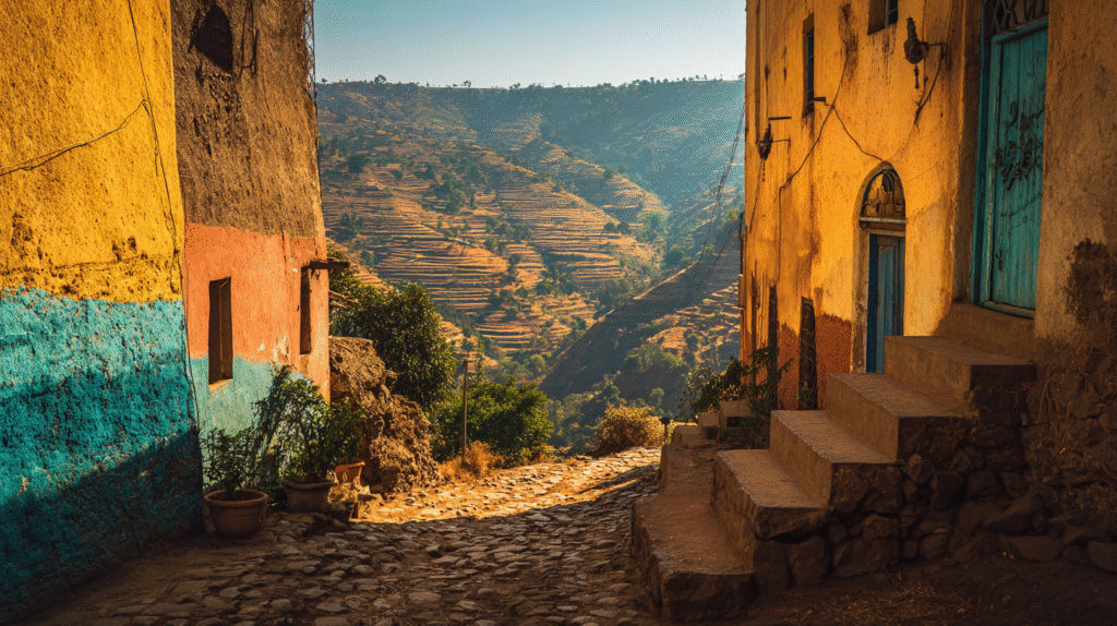 A panoramic composition combining Harar Jugol’s alleys with the terraced Konso landscape.