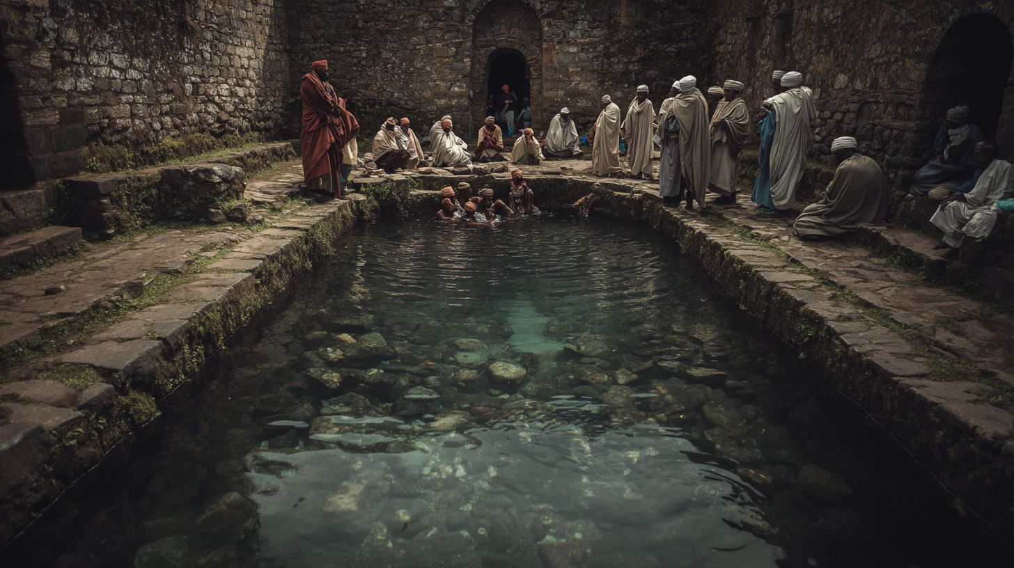 Pilgrims using holy water at a sacred spring in Ethiopia for spiritual healing.